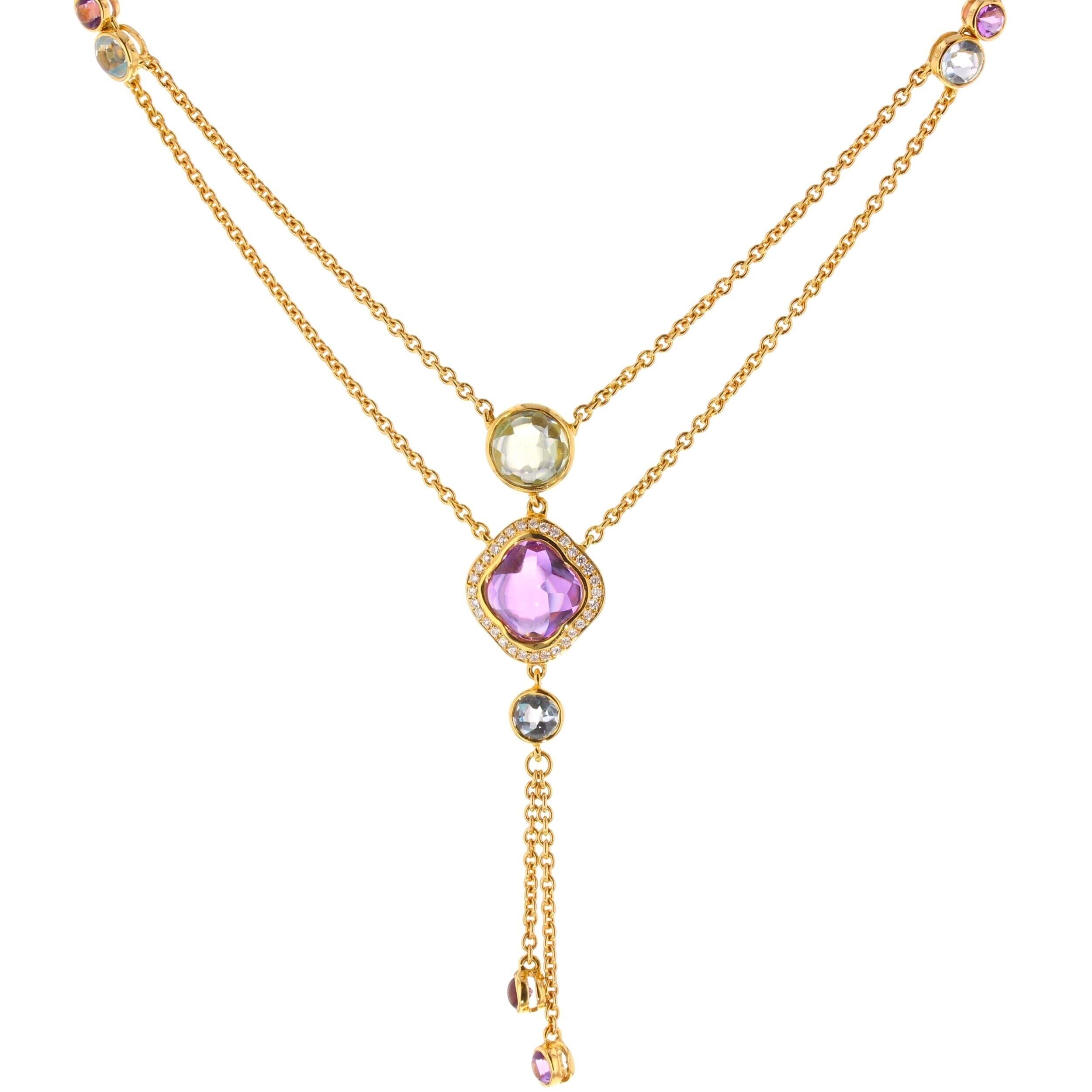 Vintage inspired Amethyst, Blue Topaz, &amp; Peridot 18K gold drop necklace. $3395 