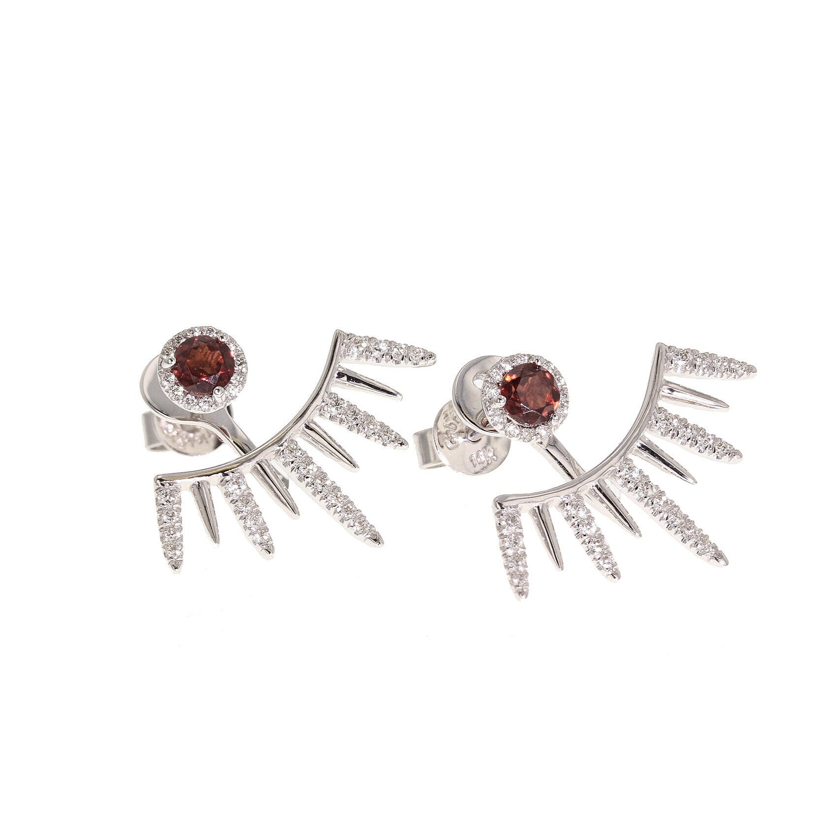 White gold Garnet and Diamond Pavé earring studs with "Sun Rays" earring jackets. $1995