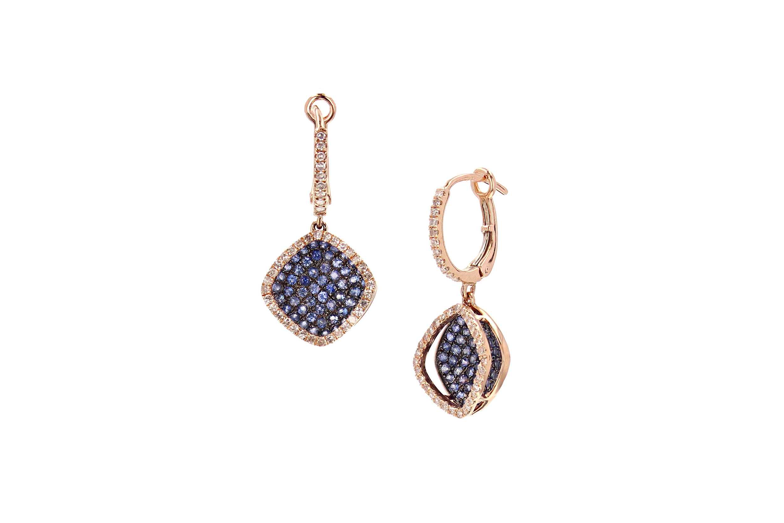 Stunning 14K Rose Gold deep blue Sapphire (1.55 ctw.) and Diamond (0.43 ctw.) drop earrings. $3250