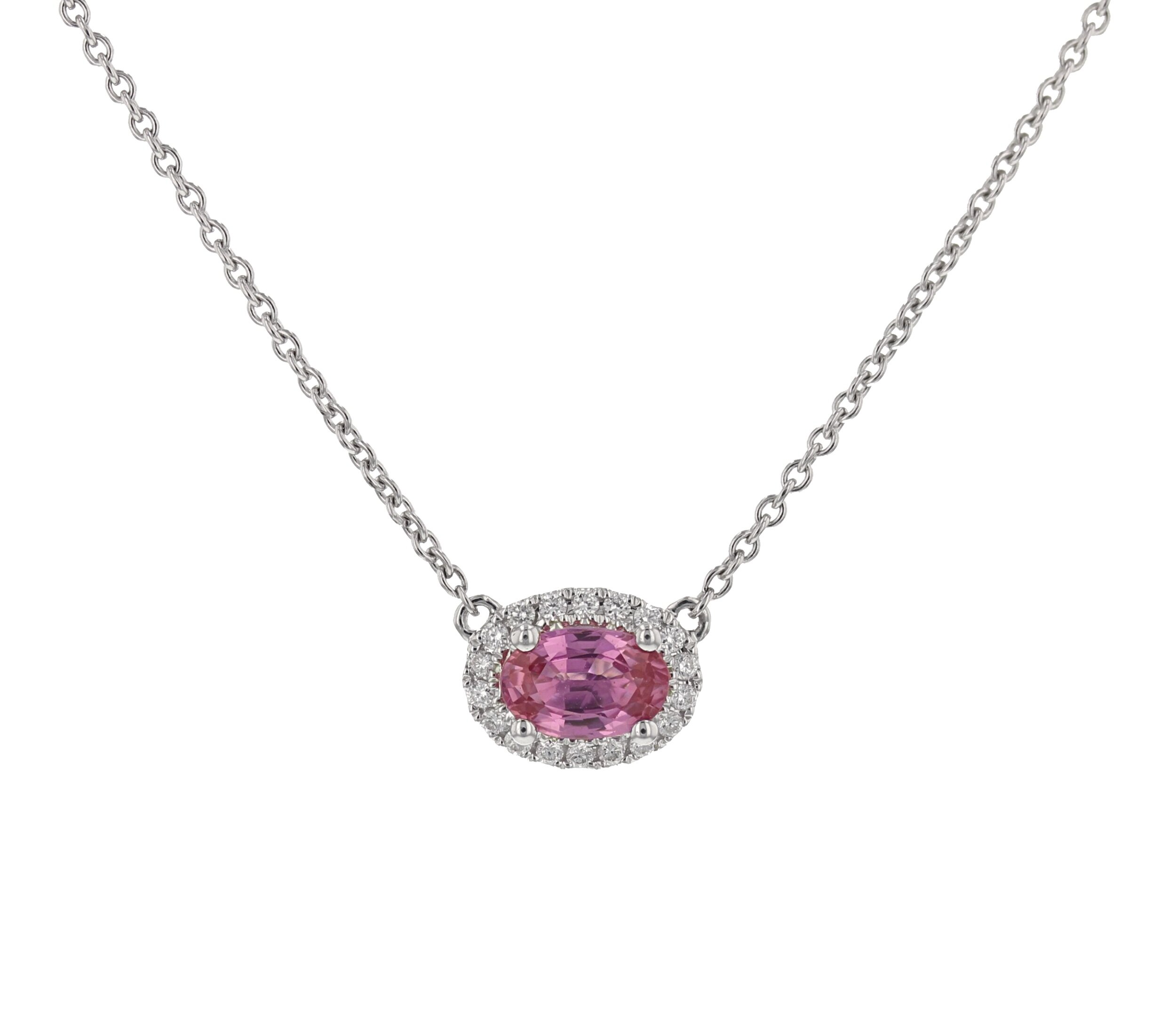 Pink Sapphire and Diamond Halo Pendant with 18K white gold adjustable chain. $1795