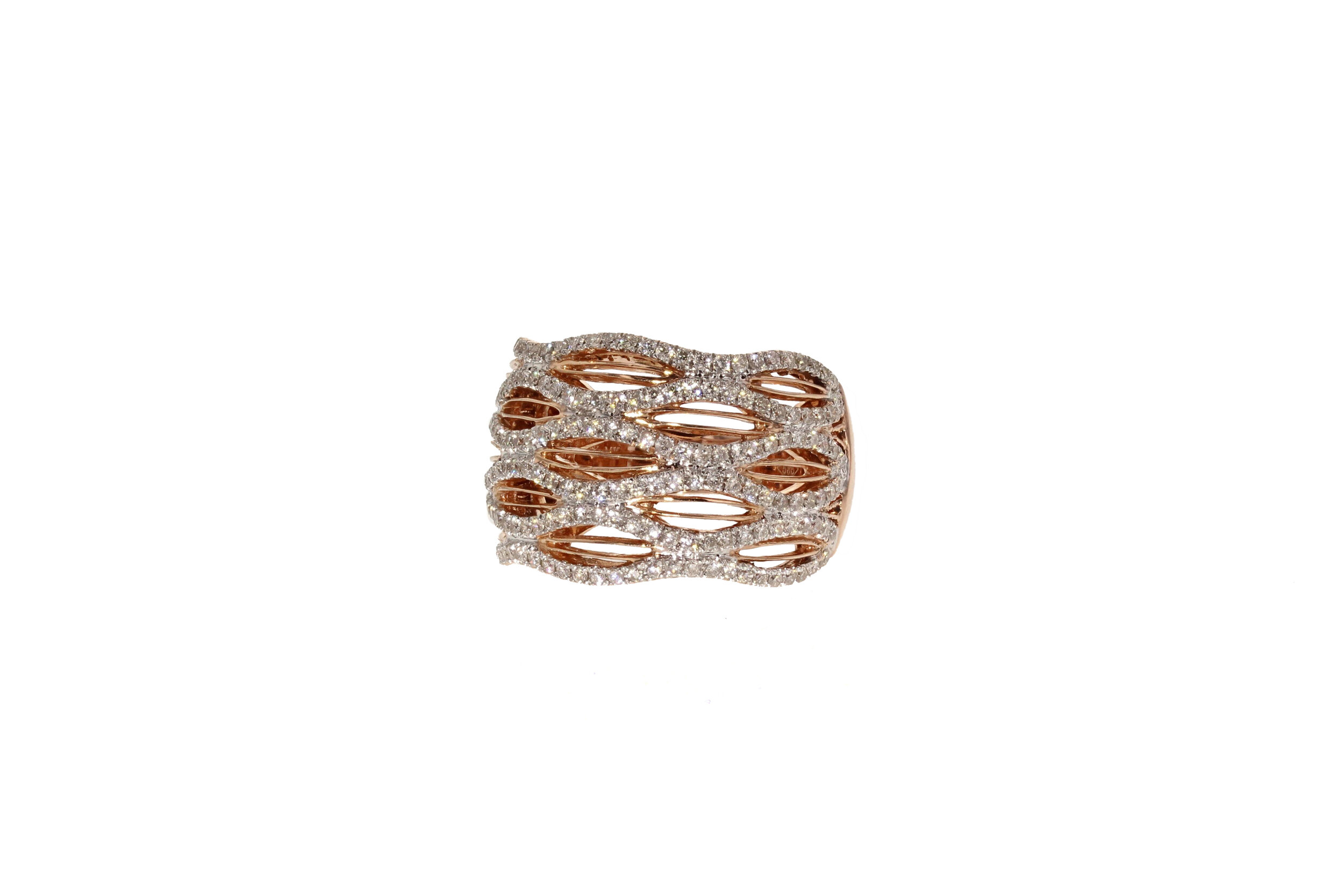 Intricate 14K Rose Gold “Wave” design ring with 1.07 ctw. of Diamond Pavé. $4530